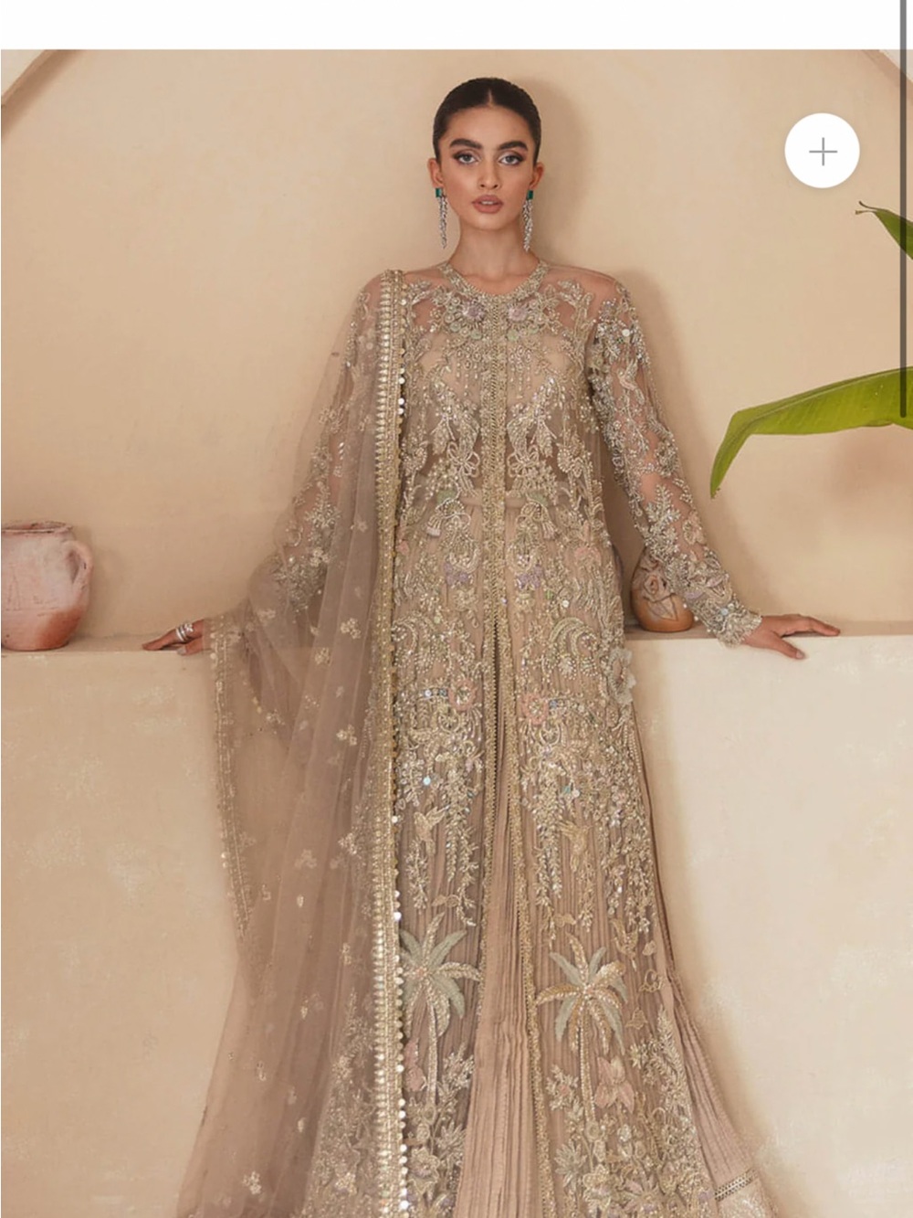 Embroidered Taupe Long-Sleeve Evening Dress